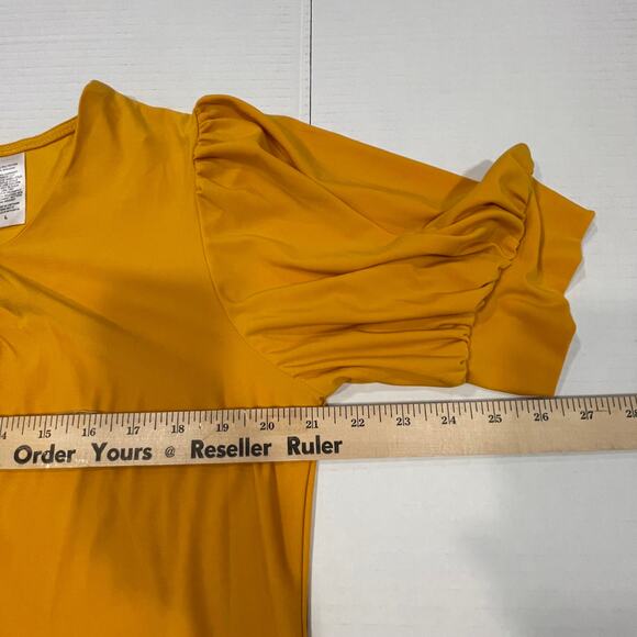 NY Collections blouse women's Large yellow mustard pleated front puffy S/L - Picture 6 of 13